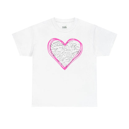 White Christian t-shirt with pink heart and handwritten Spanish scripture design