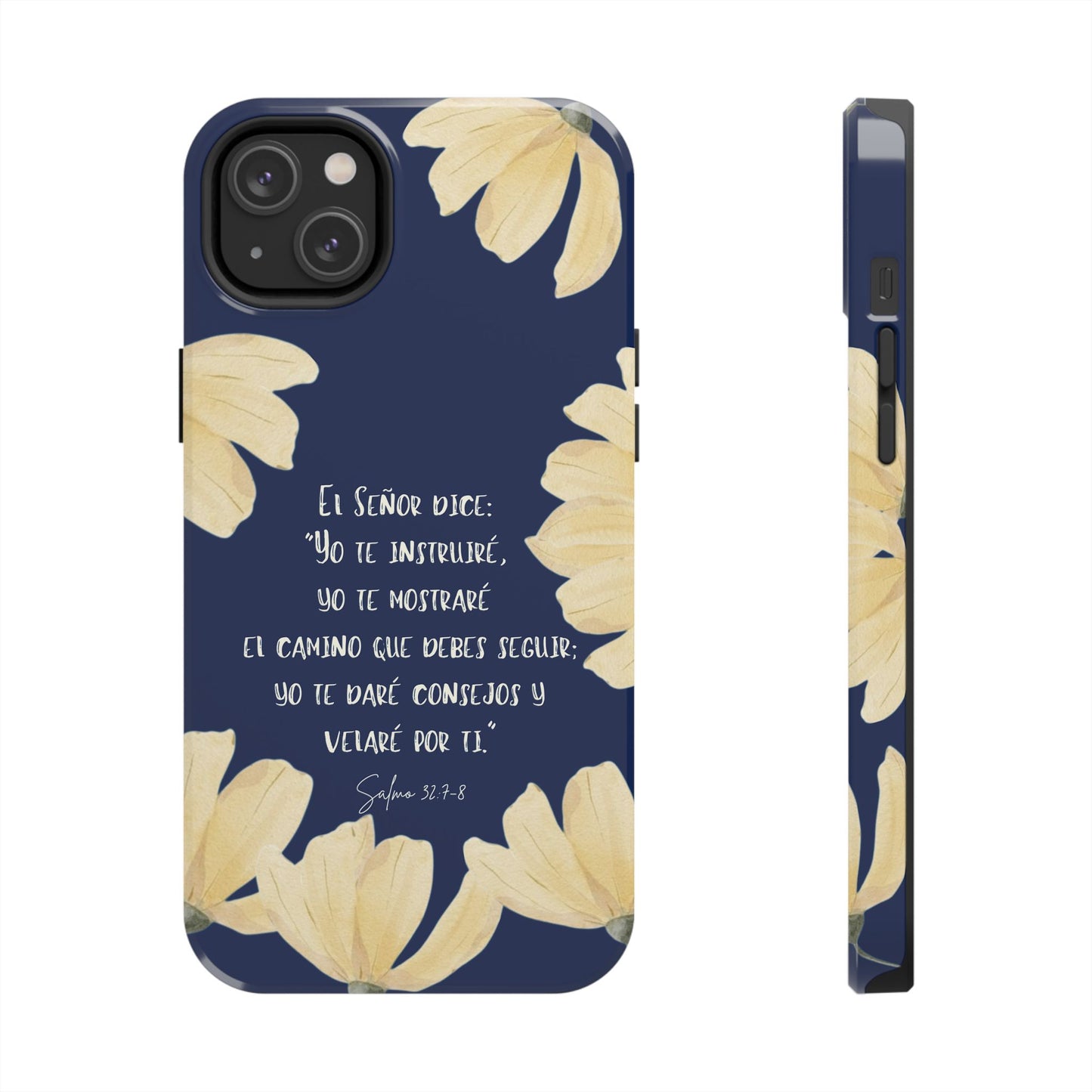 Navy blue Christian phone case with yellow flowers and Spanish Bible verse Psalm 32:7-8.