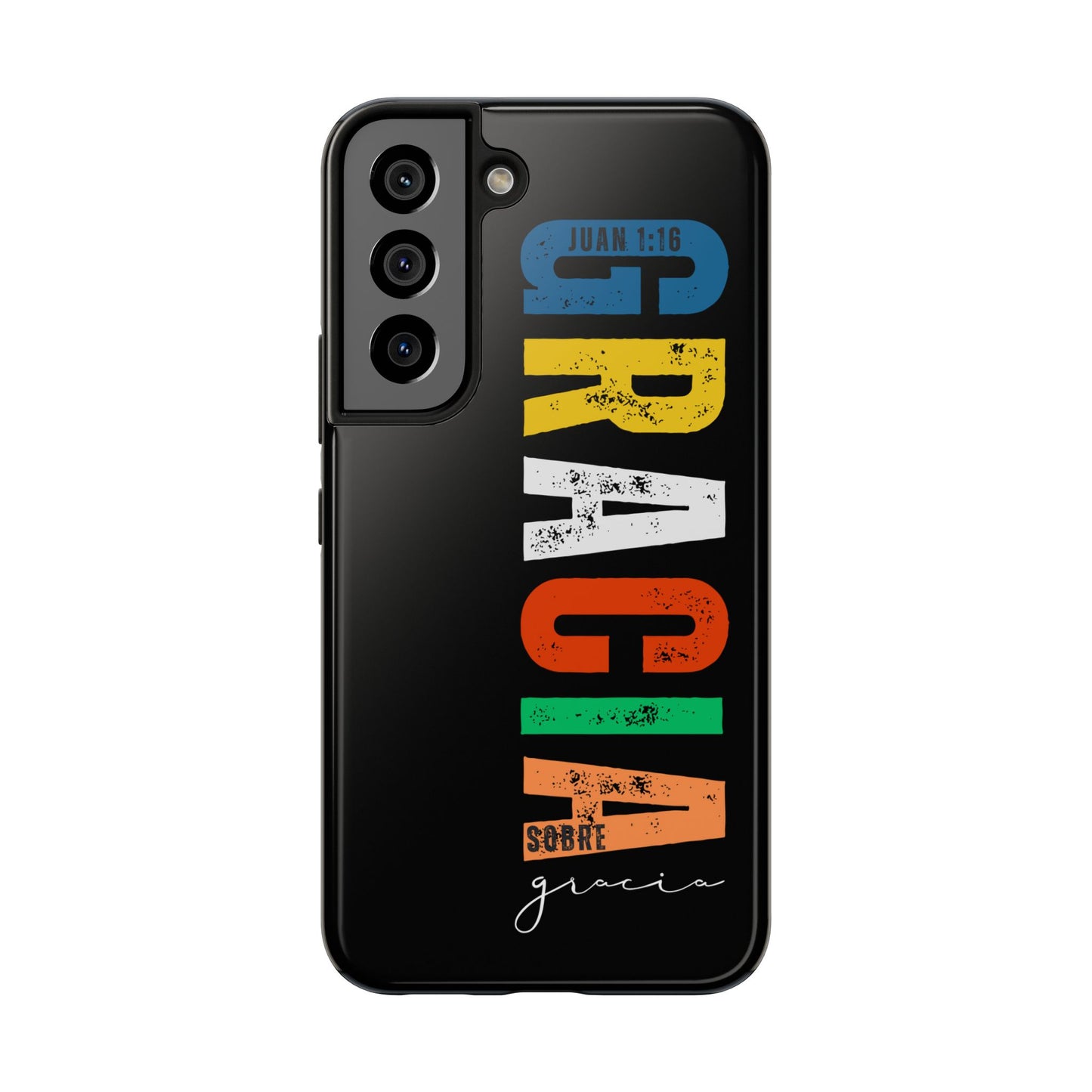 Black phone case with colorful Christian text design 'Gracia sobre gracia' and John 1:16 verse