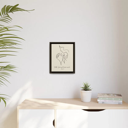 Minimalist Christian wall art with praying hands and dove, modern home decor on white wall