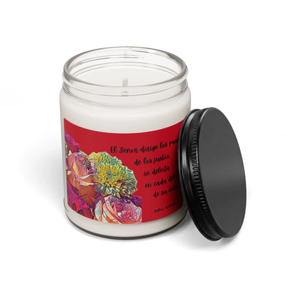 Christian candle with Spanish Bible verse, floral label, black lid, home décor