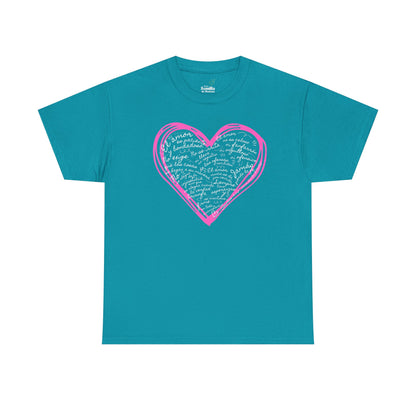 Camiseta Cristiana de Amor Bíblico Unisexo - Christian T-shirt Unisex - 1 Corinthians 13:4-7 Hand-Drawn Heart Design - Somos Semilla De Mostaza