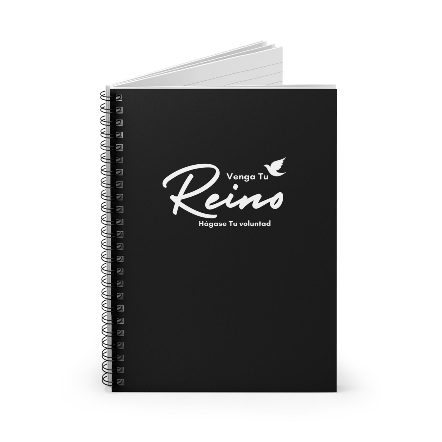 Black spiral Christian notebook with 'Venga Tu Reino' and dove design in Spanish