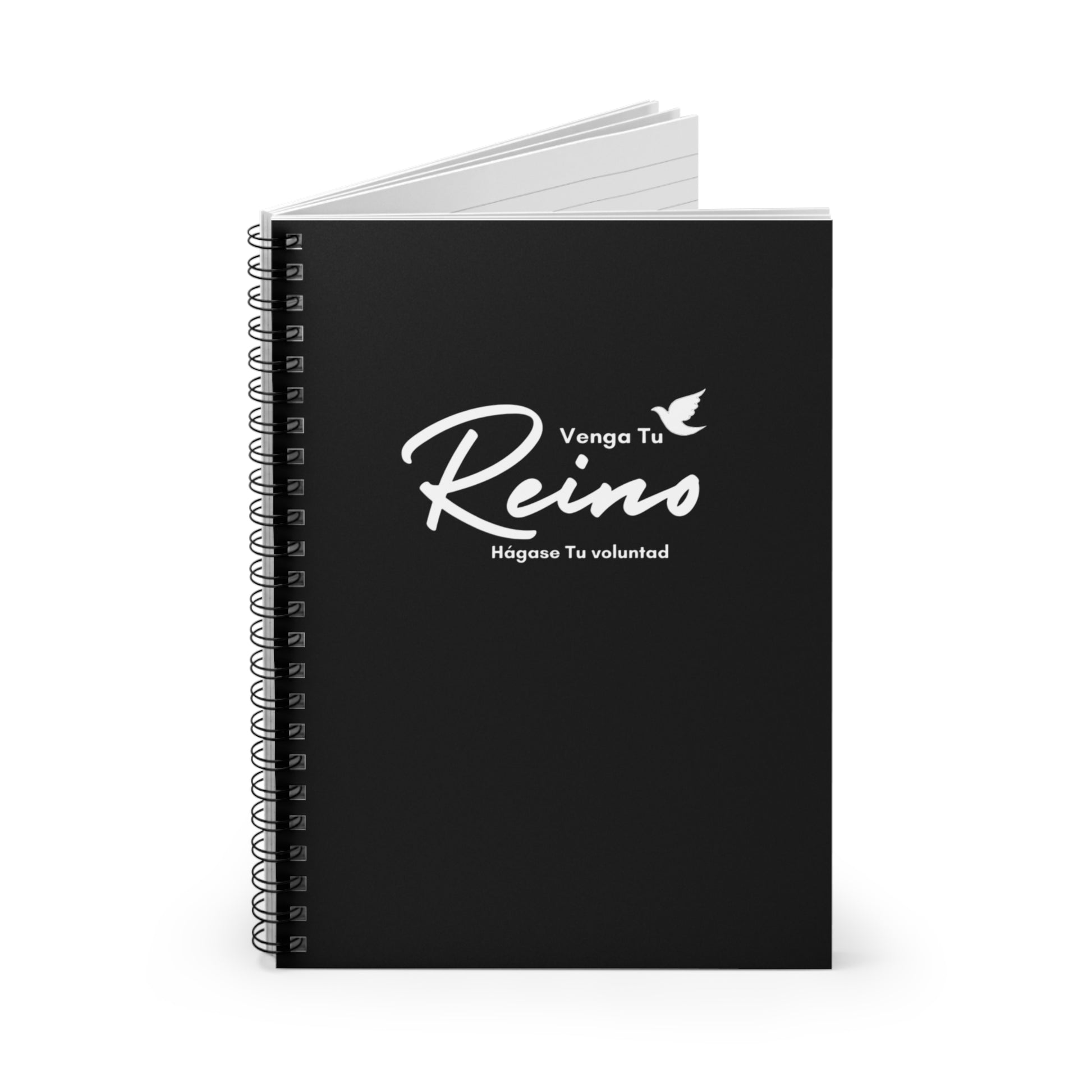 Black spiral Christian notebook with 'Venga Tu Reino' and dove design in Spanish