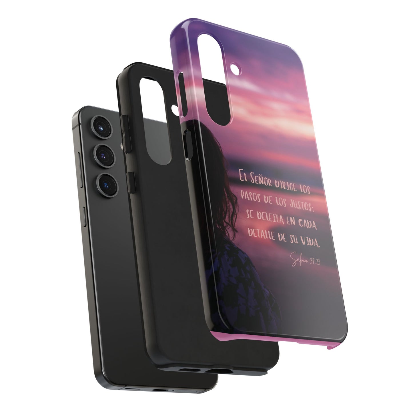 Christian phone case with Spanish Bible verse and sunset, faith-inspired inspirational gift