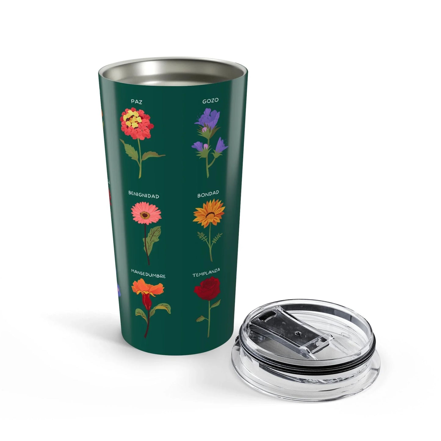 Green stainless steel Christian travel tumbler with illustrated flowers and Spanish faith words