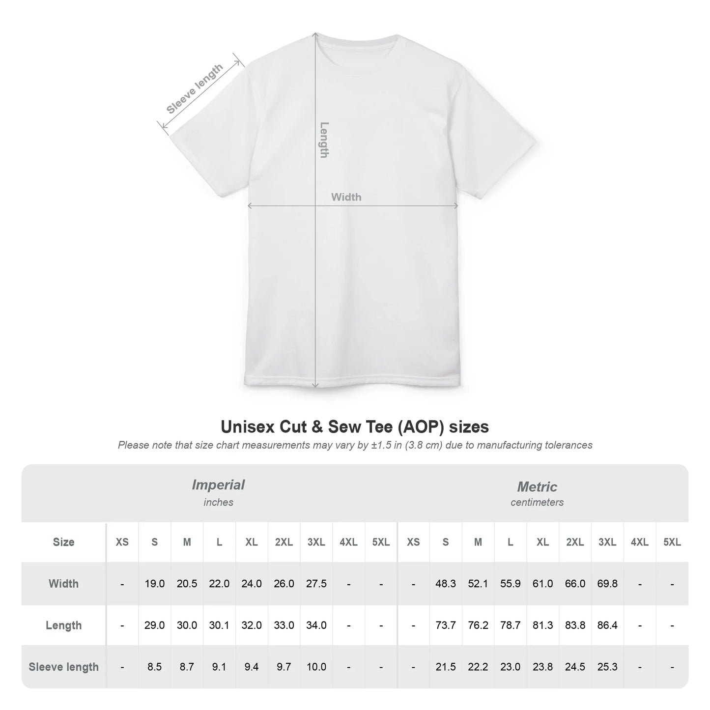 Unisex t-shirt size chart with measurements in inches and centimeters for width, length, and sleeve length.