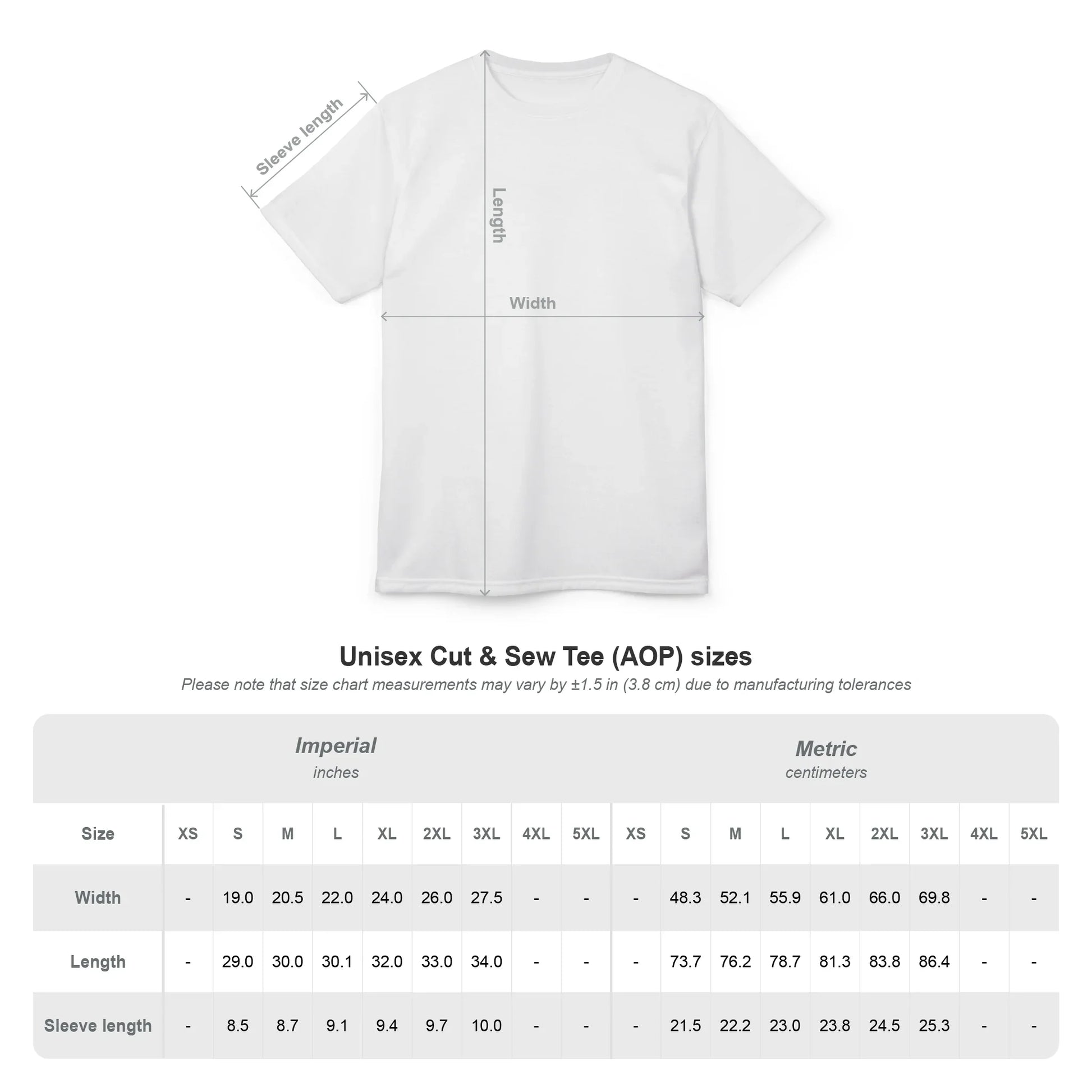 Unisex t-shirt size chart with measurements in inches and centimeters for width, length, and sleeve length.