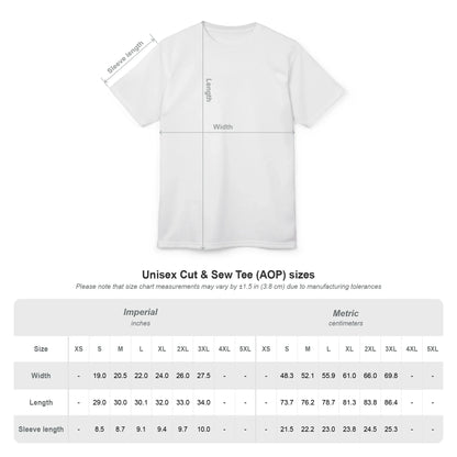 Unisex t-shirt size chart with measurements in inches and centimeters for width, length, and sleeve length.