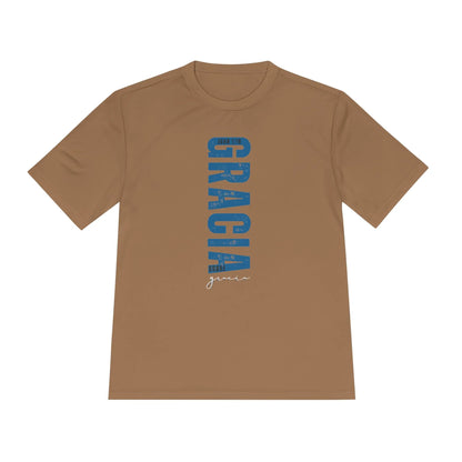 Brown Christian t-shirt with blue vertical text 'Gracia' and 'Juan 1:16' scripture design