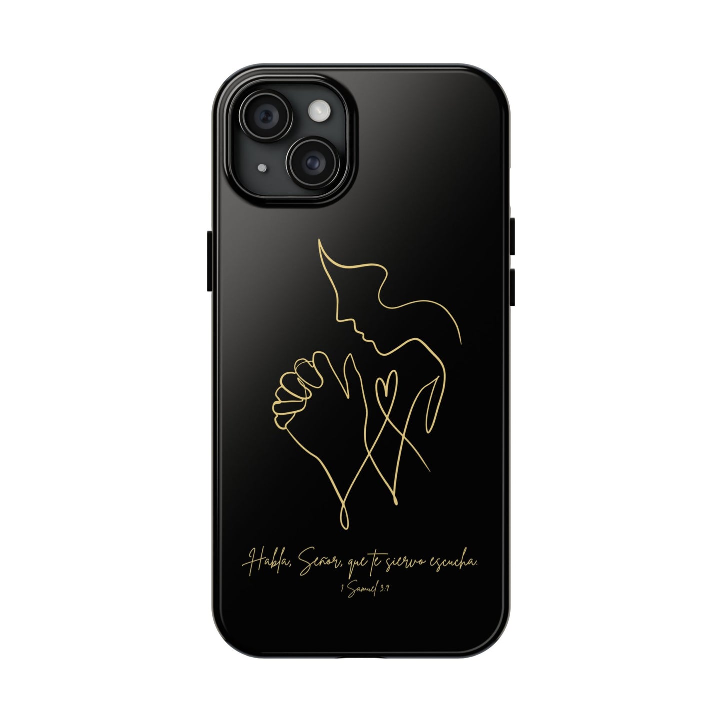Black phone case with gold minimalist praying hands and face, Spanish Bible verse design