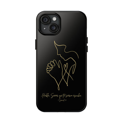 Black phone case with gold minimalist praying hands and face, Spanish Bible verse design