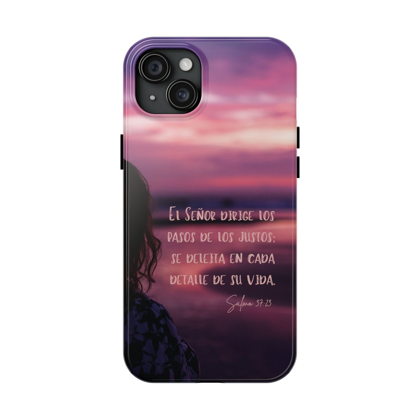 Christian phone case with Spanish Bible verse, silhouette and sunset background
