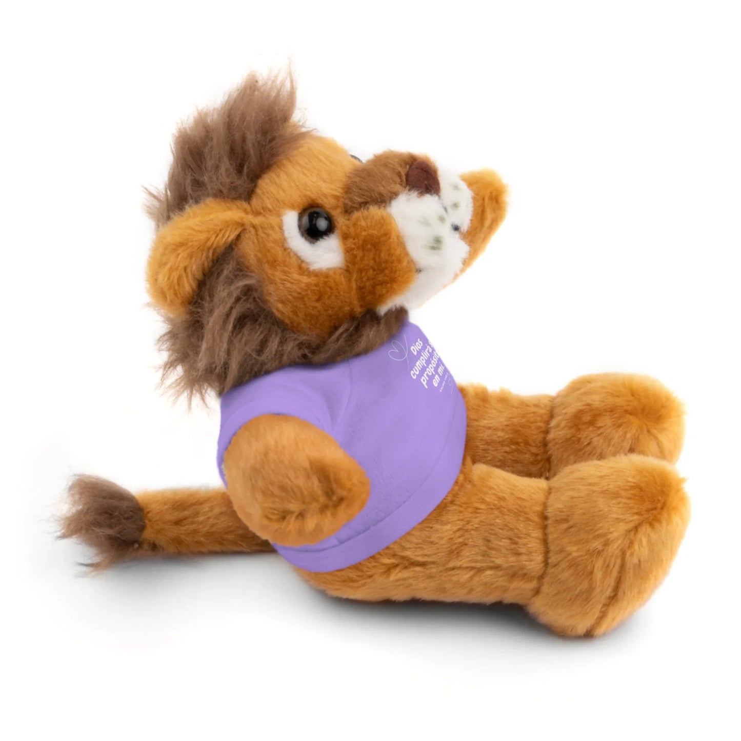 Plush lion toy wearing a purple shirt with inspirational Christian message