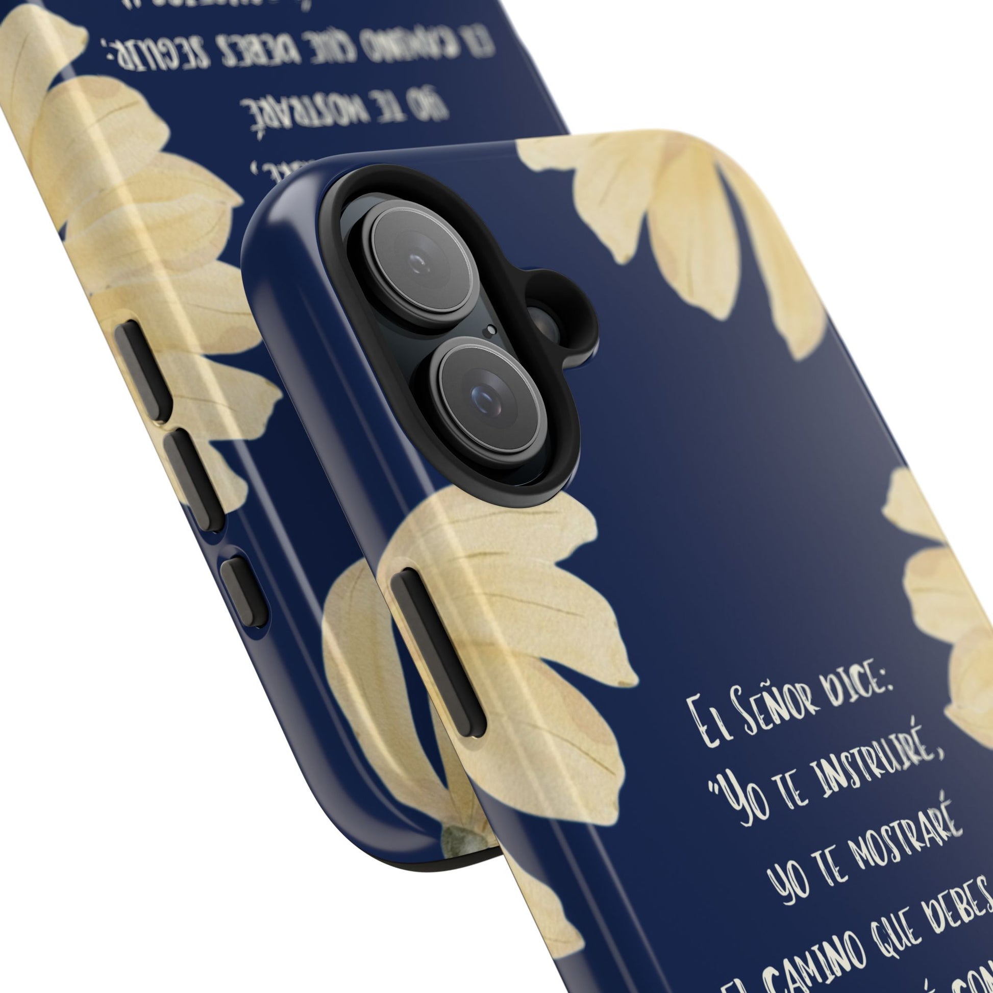 Navy blue phone case with beige floral design and Spanish Christian Bible verse