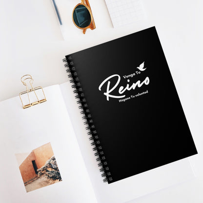 Black Christian spiral notebook with 'Venga Tu Reino' on cover, faith home office decor