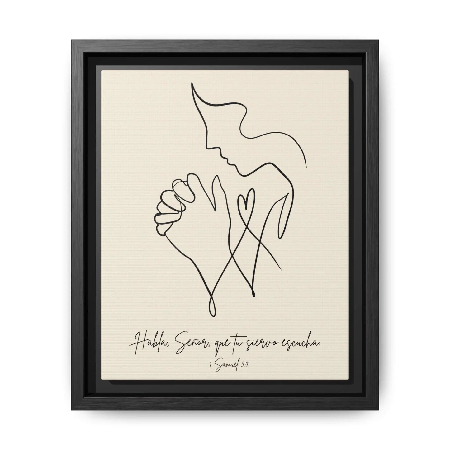 Minimalist Christian wall art with praying hands, abstract face, and Spanish Bible verse.