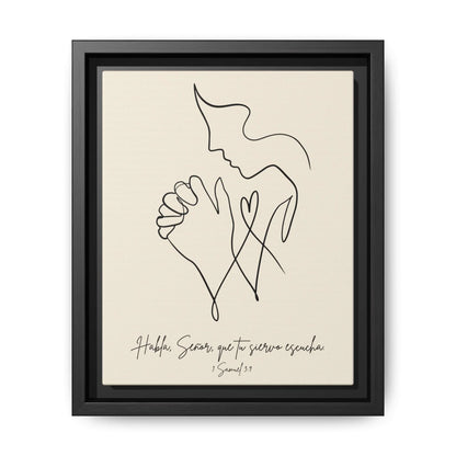 Minimalist Christian wall art with praying hands, abstract face, and Spanish Bible verse.