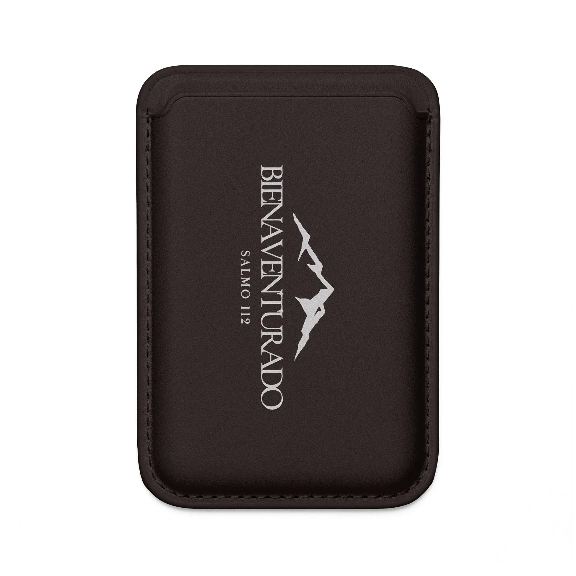 Black leather card holder with 'Bienaventurado Salmo 112' and mountain graphic, Christian gift