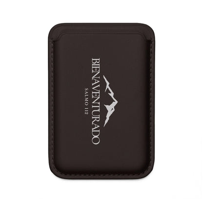 Black leather card holder with 'Bienaventurado Salmo 112' and mountain graphic, Christian gift