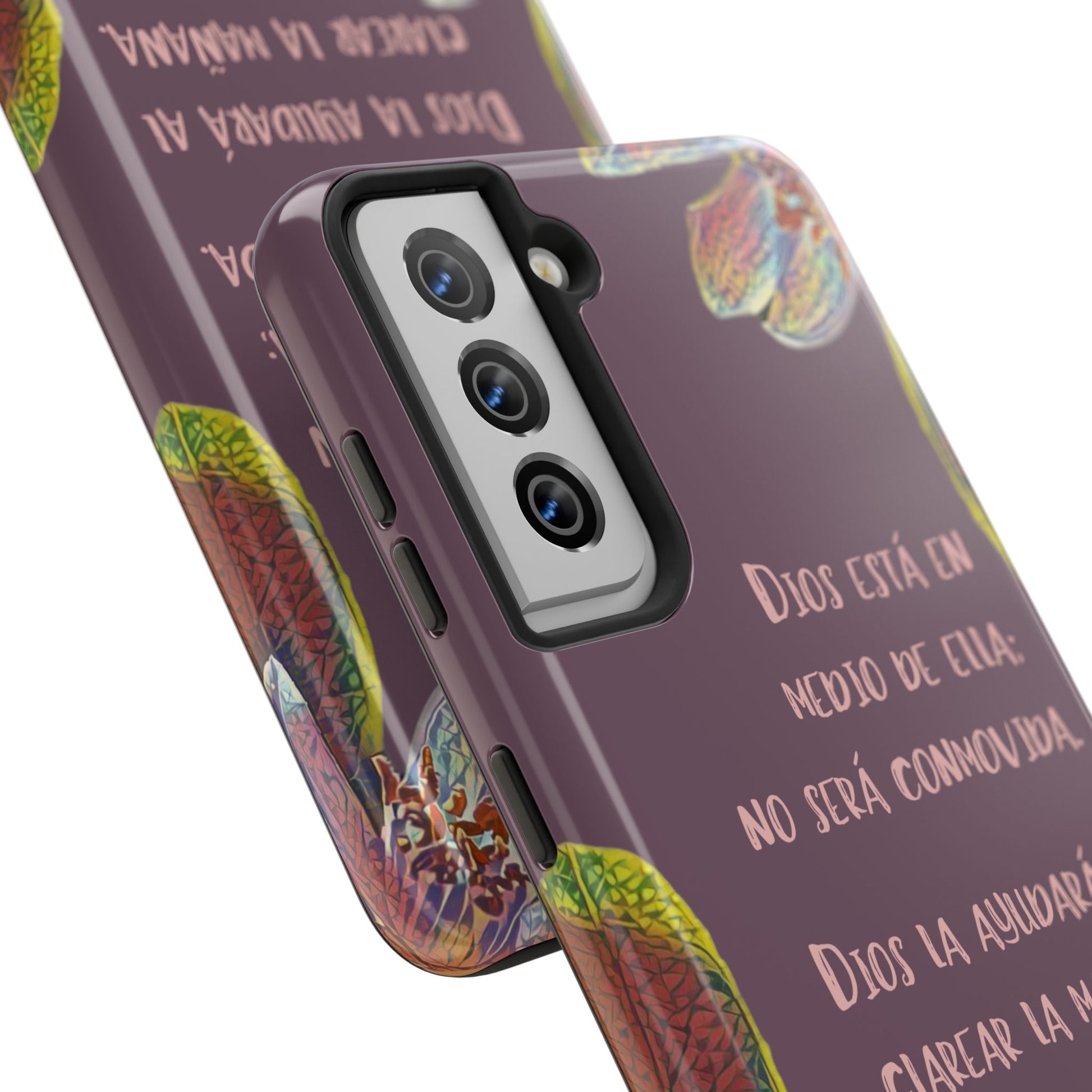 Christian phone case with Spanish Bible verse and colorful floral accents on purple background