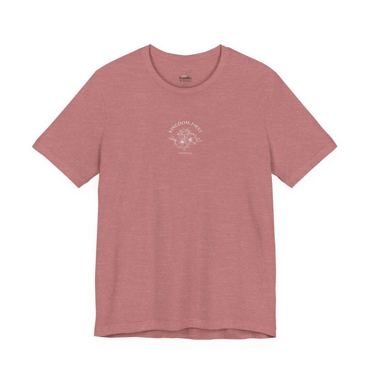 Dusty rose Christian t-shirt with 'Kingdom First' and Scripture verse, floral graphic center