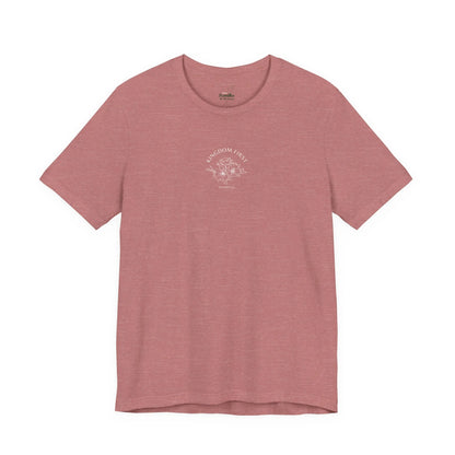 Dusty rose Christian t-shirt with 'Kingdom First' and Scripture verse, floral graphic center
