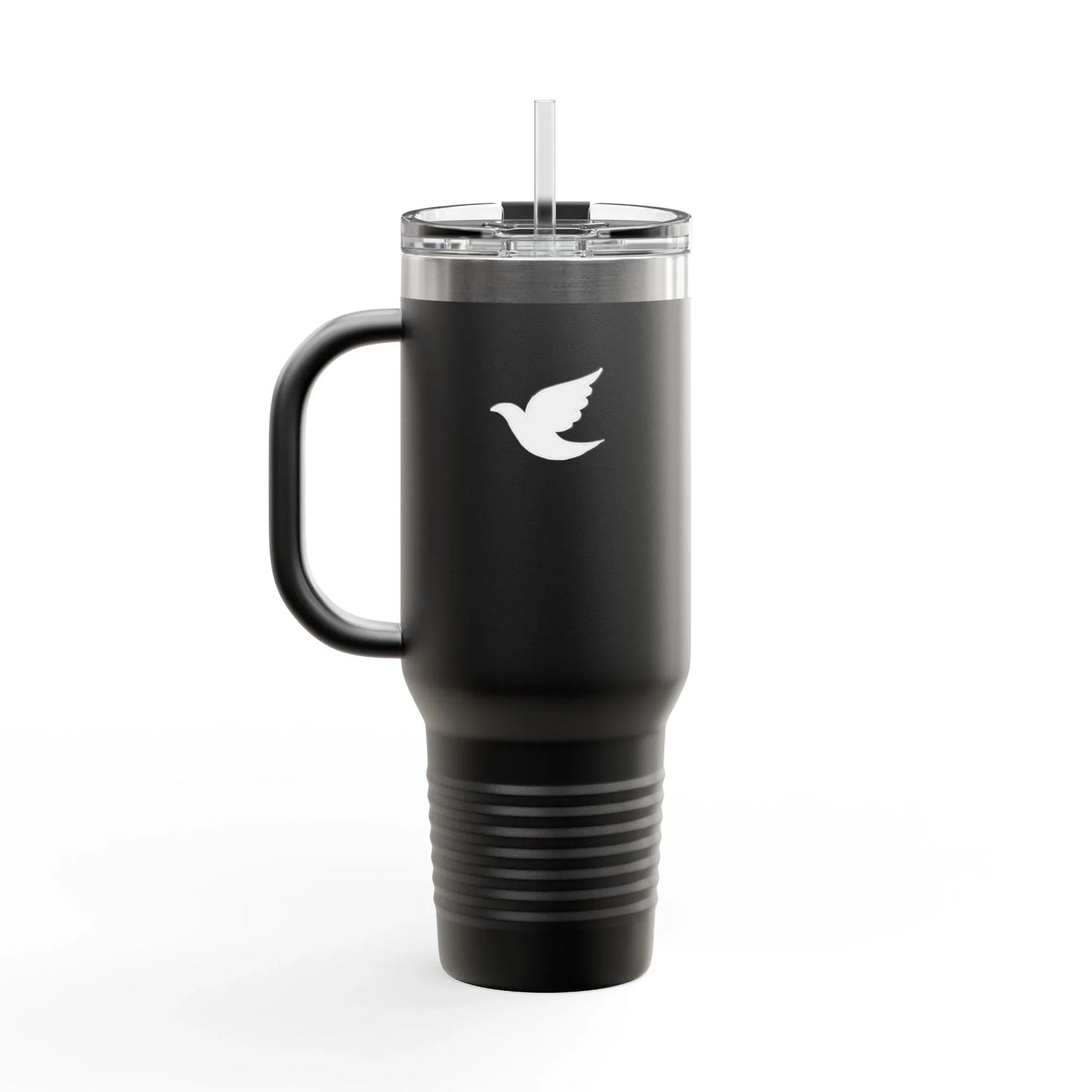 Black Christian travel mug with white dove, handle and straw on white background