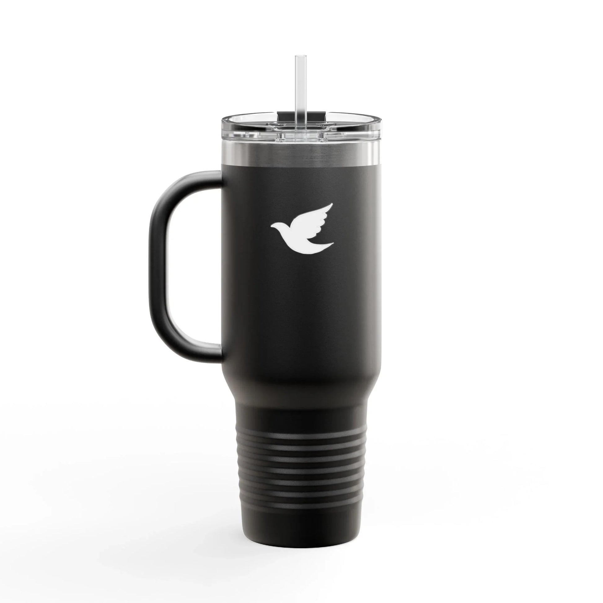 Black Christian travel mug with white dove, handle and straw on white background