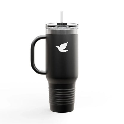 Black Christian travel mug with white dove, handle and straw on white background