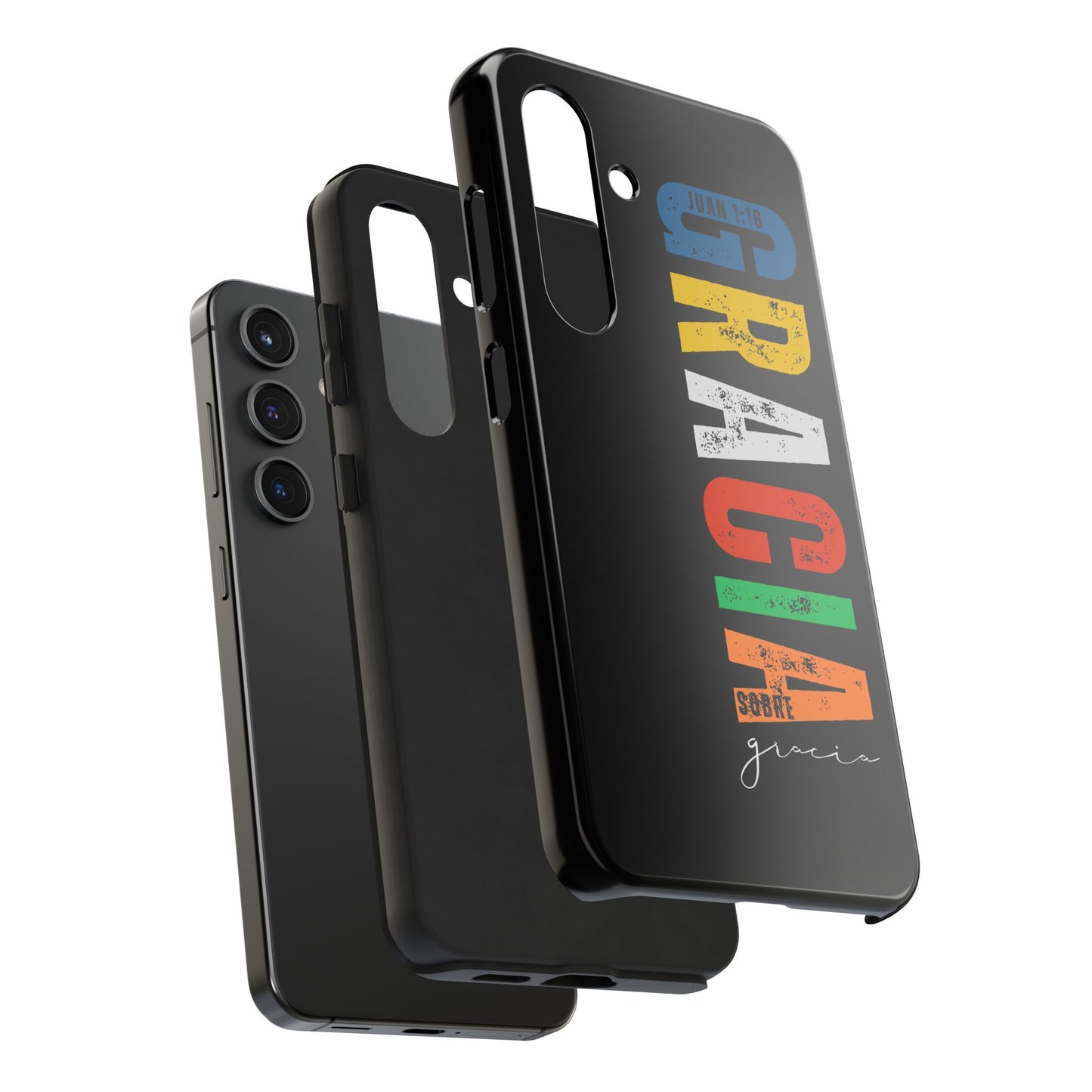 Black Christian phone case with colorful 'Gracia sobre gracia' text and Bible verse John 1:16.