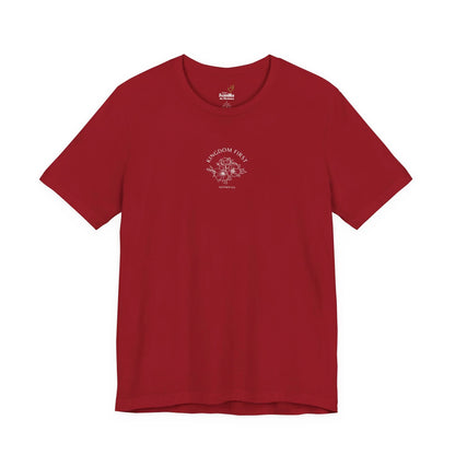 Red Christian t-shirt with 'Kingdom First Matthew 6:33' and floral graphic on front