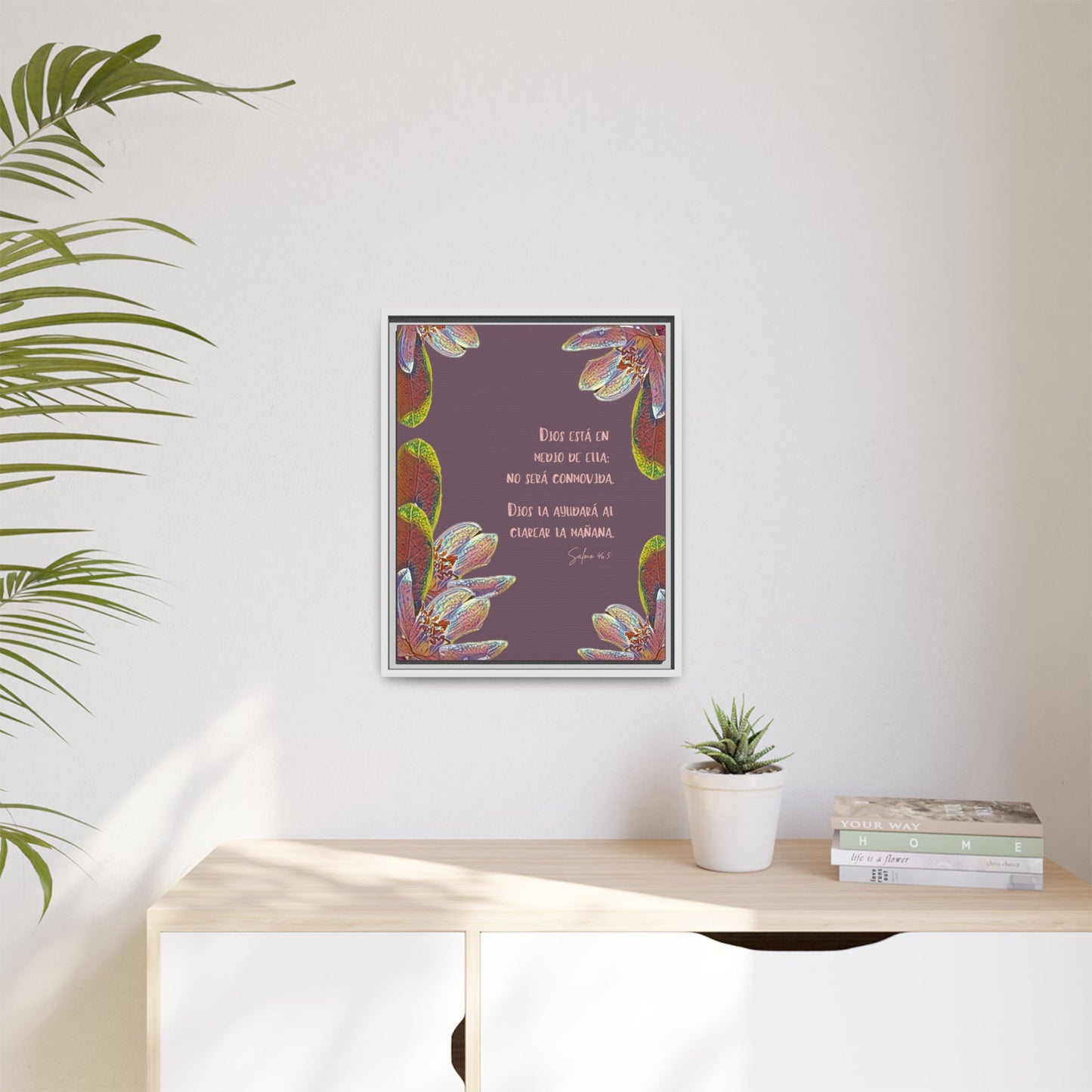 Christian Spanish wall art with floral design and Bible verse in modern home decor setting