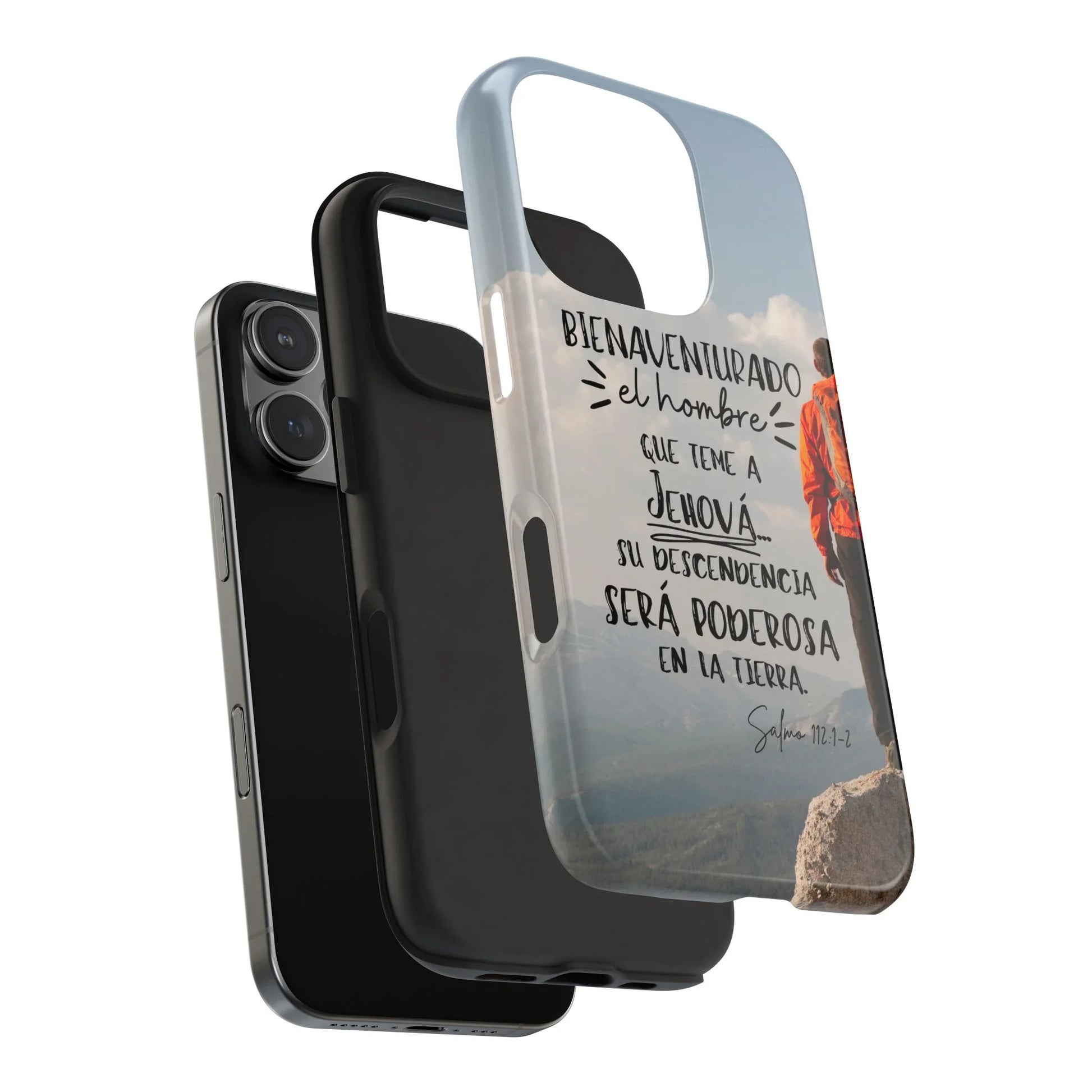 Spanish Christian phone case with Bible verse, man outdoors, mountain landscape