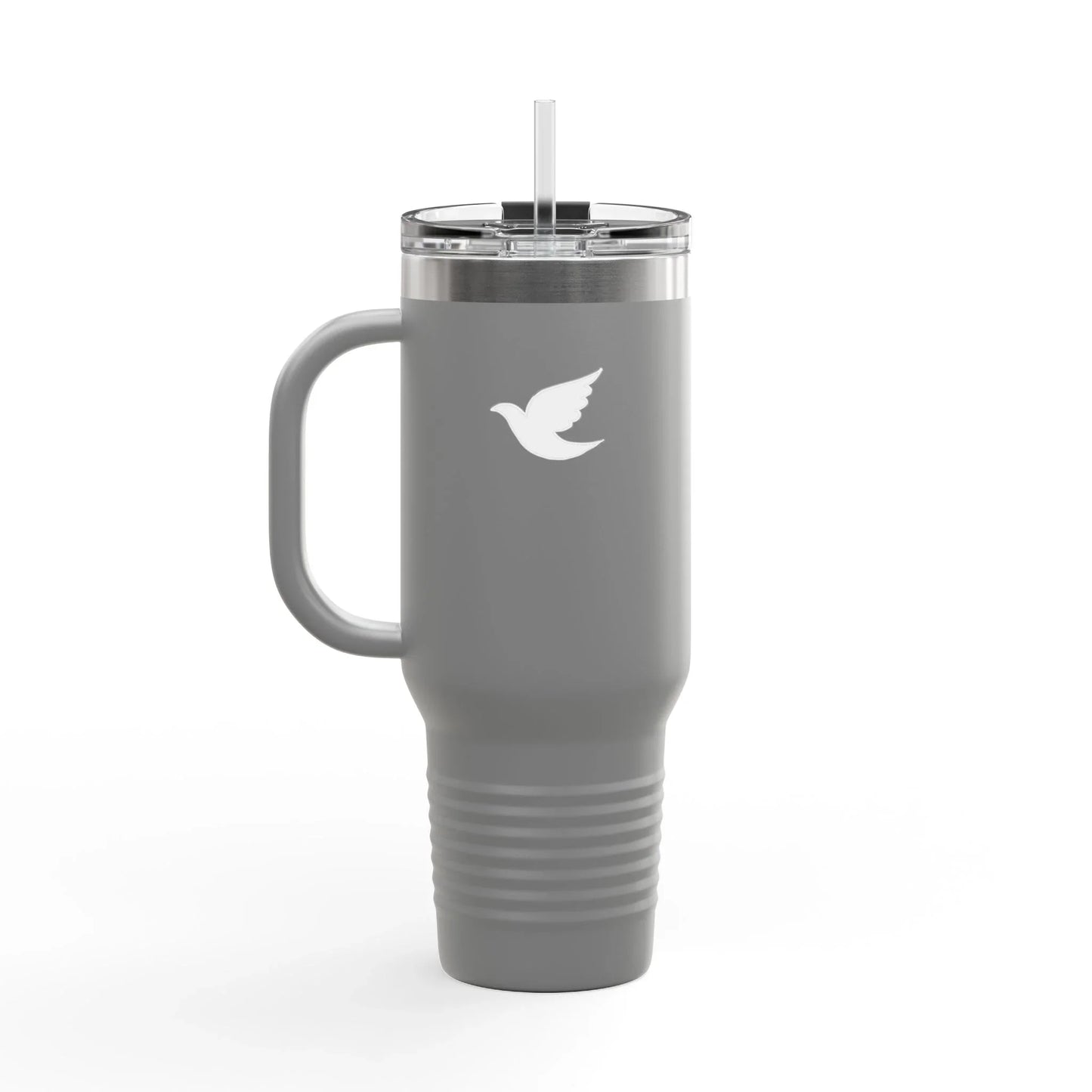 Gray travel mug with handle, clear lid, straw, and white dove symbol, faith decor