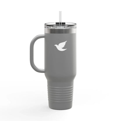 Gray travel mug with handle, clear lid, straw, and white dove symbol, faith decor