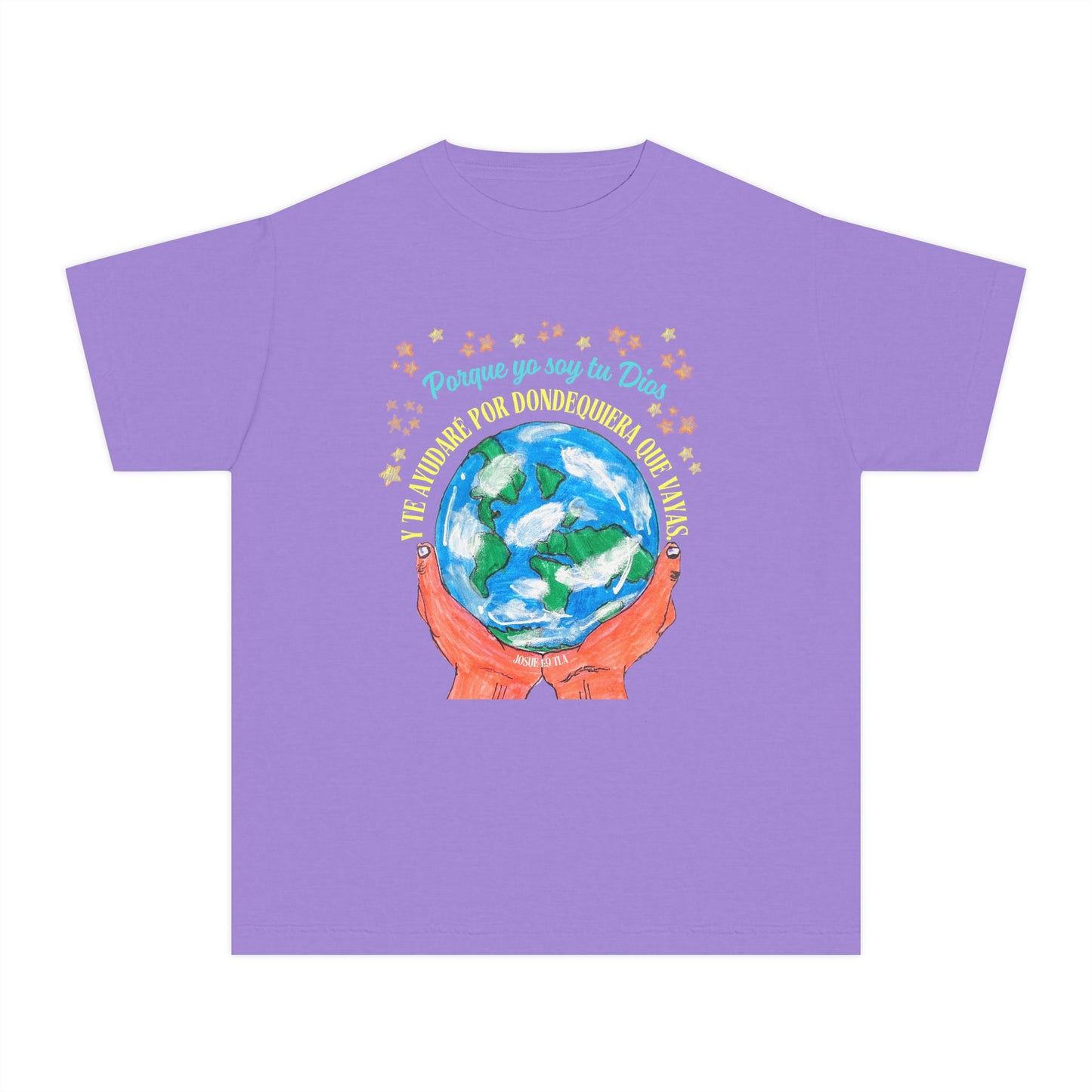 Purple Christian t-shirt with hands holding Earth, Spanish Bible verse, stars, faith design
