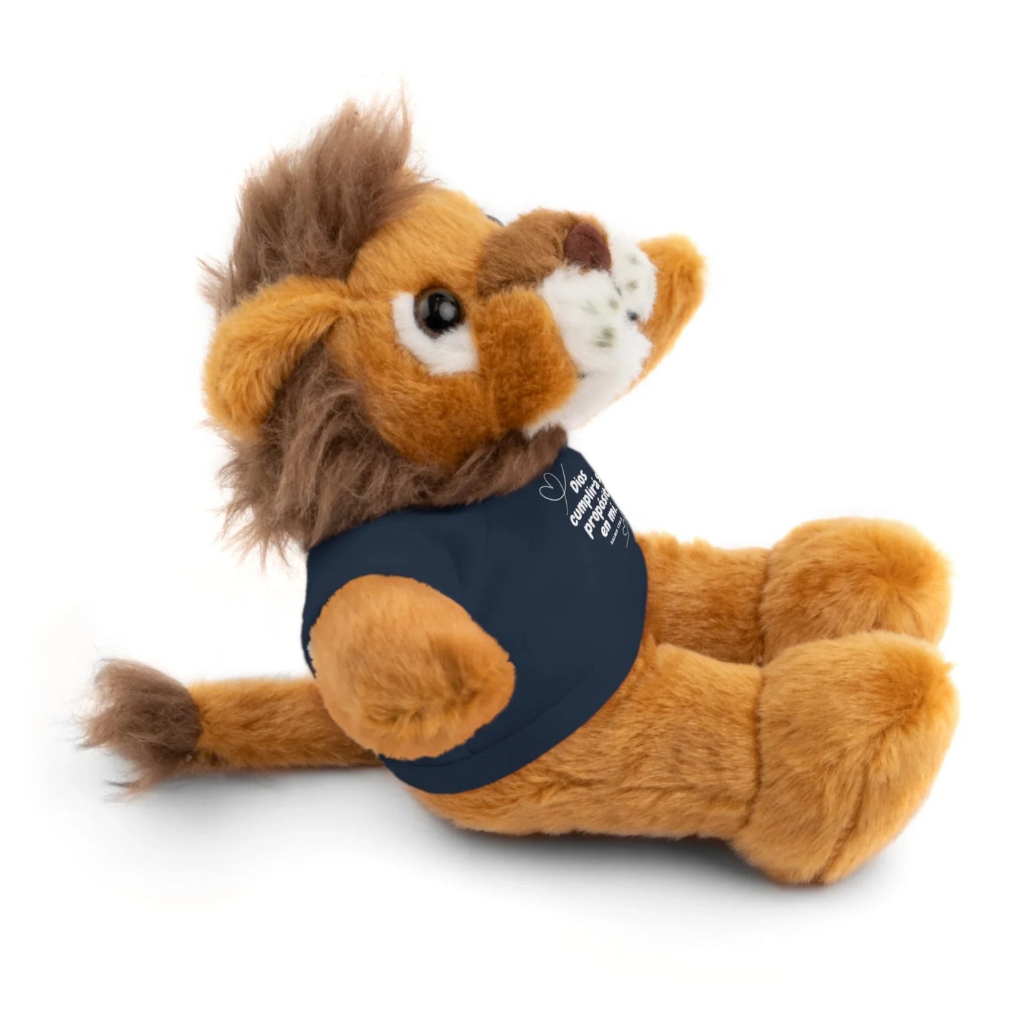 Plush lion toy wearing navy blue shirt with inspirational Christian message