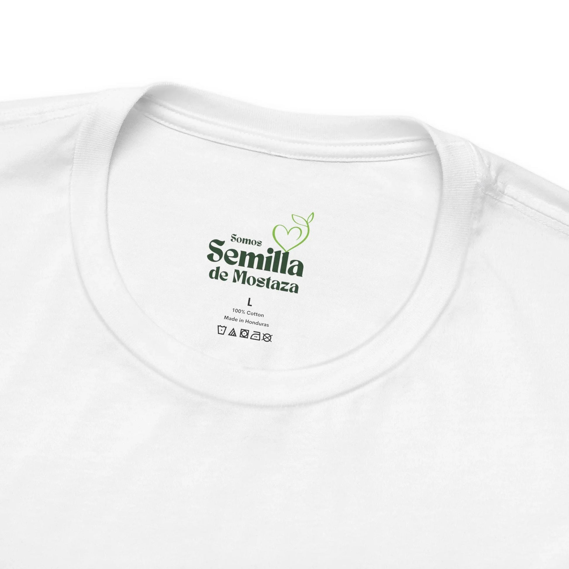 White Christian t-shirt with 'Somos Semilla de Mostaza' text and faith-inspired design
