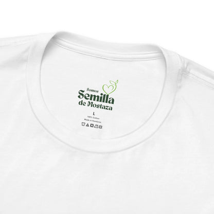 White Christian t-shirt with 'Somos Semilla de Mostaza' text and faith-inspired design