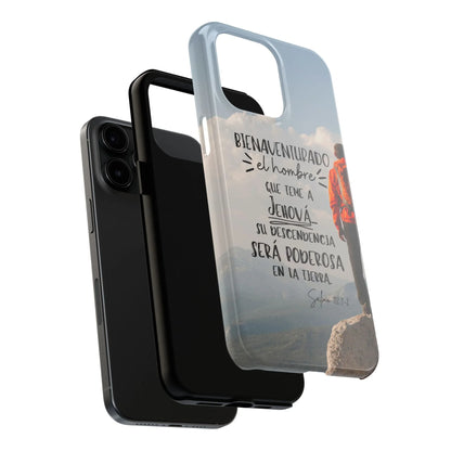 Christian phone case with Spanish Bible verse and mountain hiker design