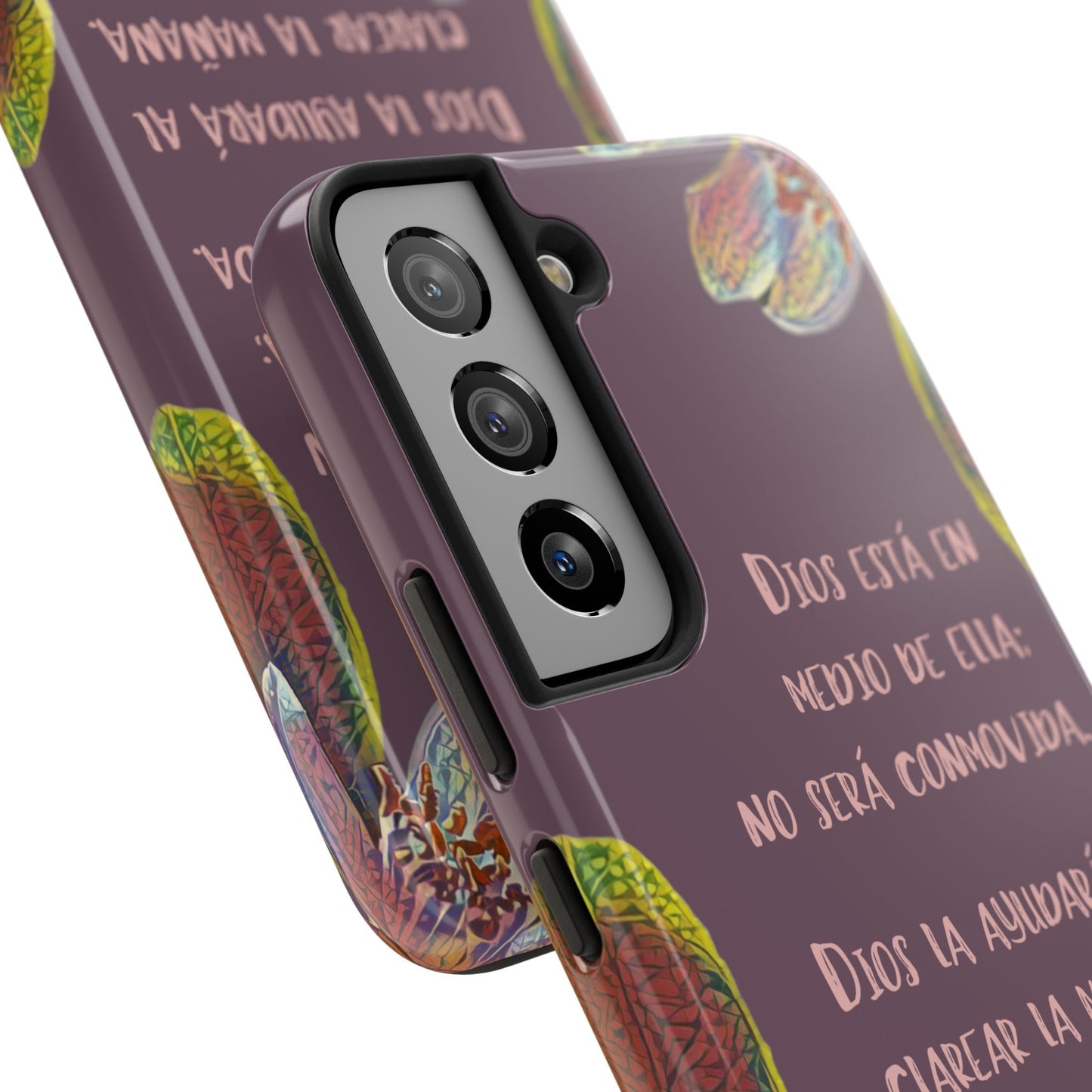 Christian phone case with Spanish Scripture design, purple background and colorful leaf accents