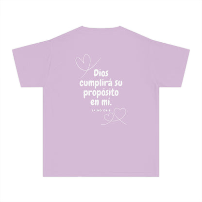Lilac Christian t-shirt with Spanish Bible verse and heart graphics on the back