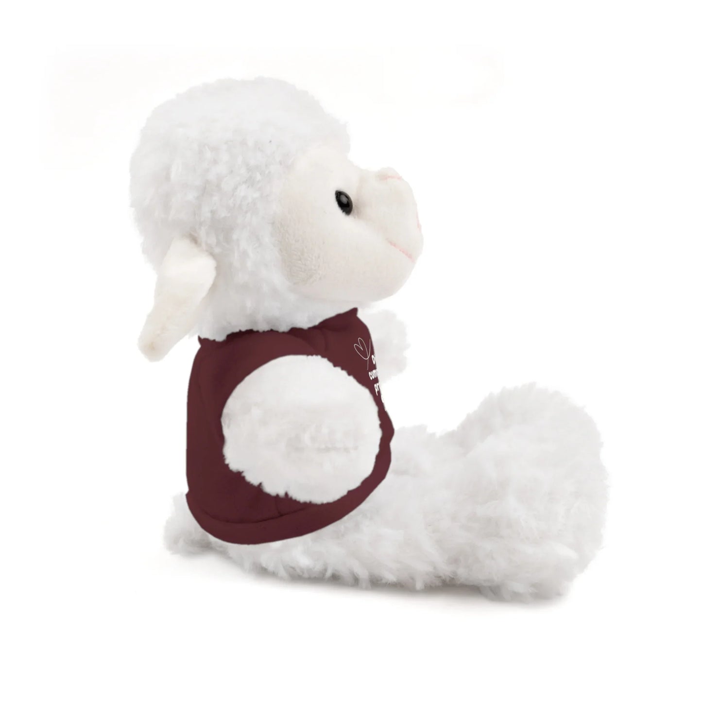 White plush lamb toy wearing a burgundy vest, Christian gift for kids