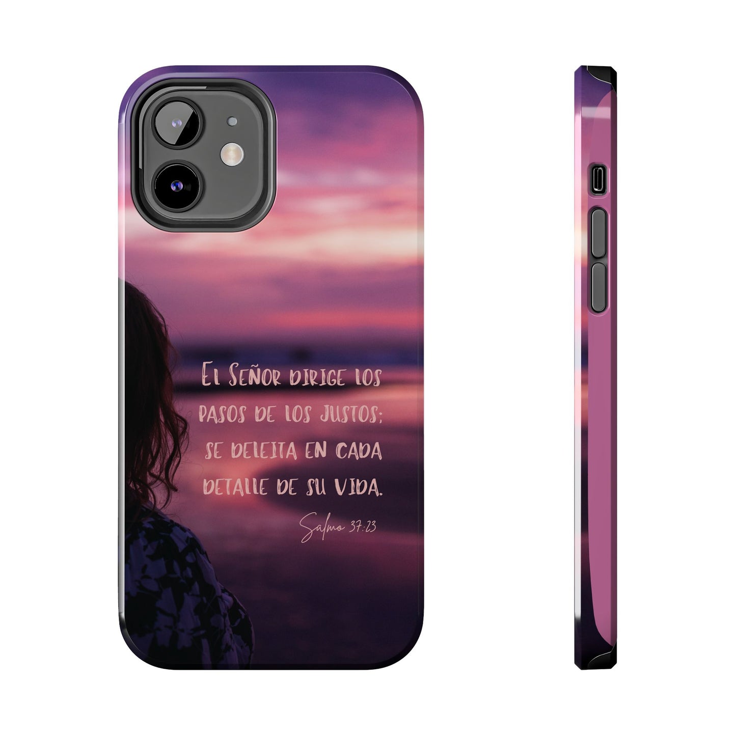 Christian iPhone case with Spanish Psalm 37:23 verse, sunset background, silhouette design