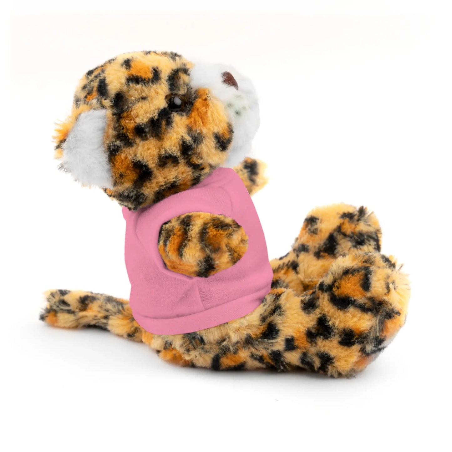 Plush leopard toy wearing a pink shirt, Christian gift idea, sitting on white background