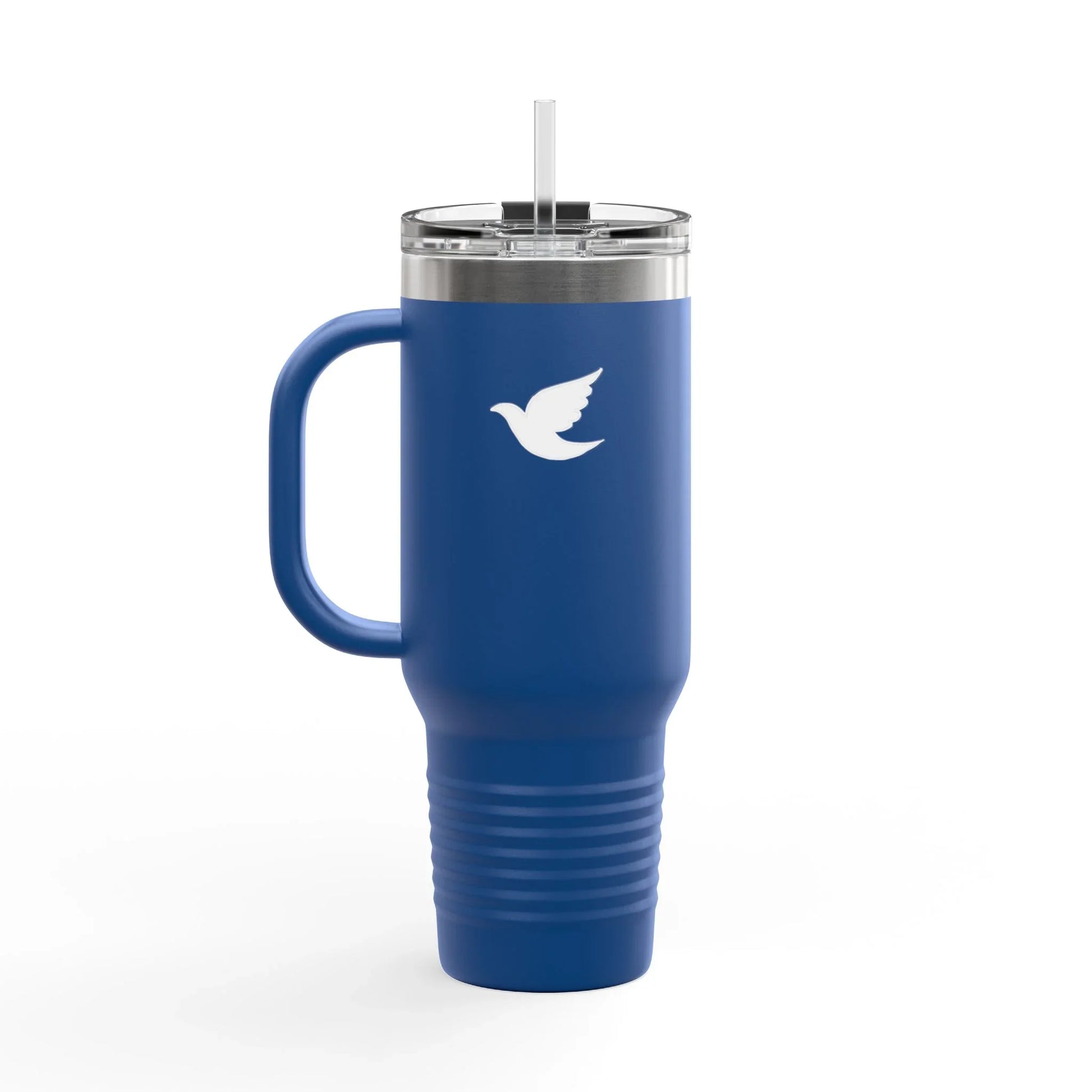 Blue Christian travel mug with dove design, handle, straw lid, faith-inspired tumbler