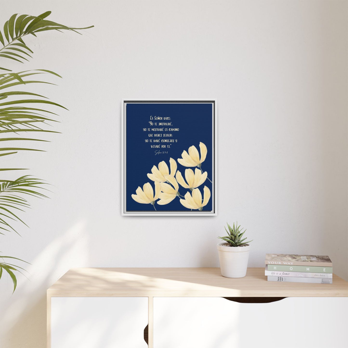 Christian wall art with Spanish Scripture, yellow flowers on navy background, modern home décor