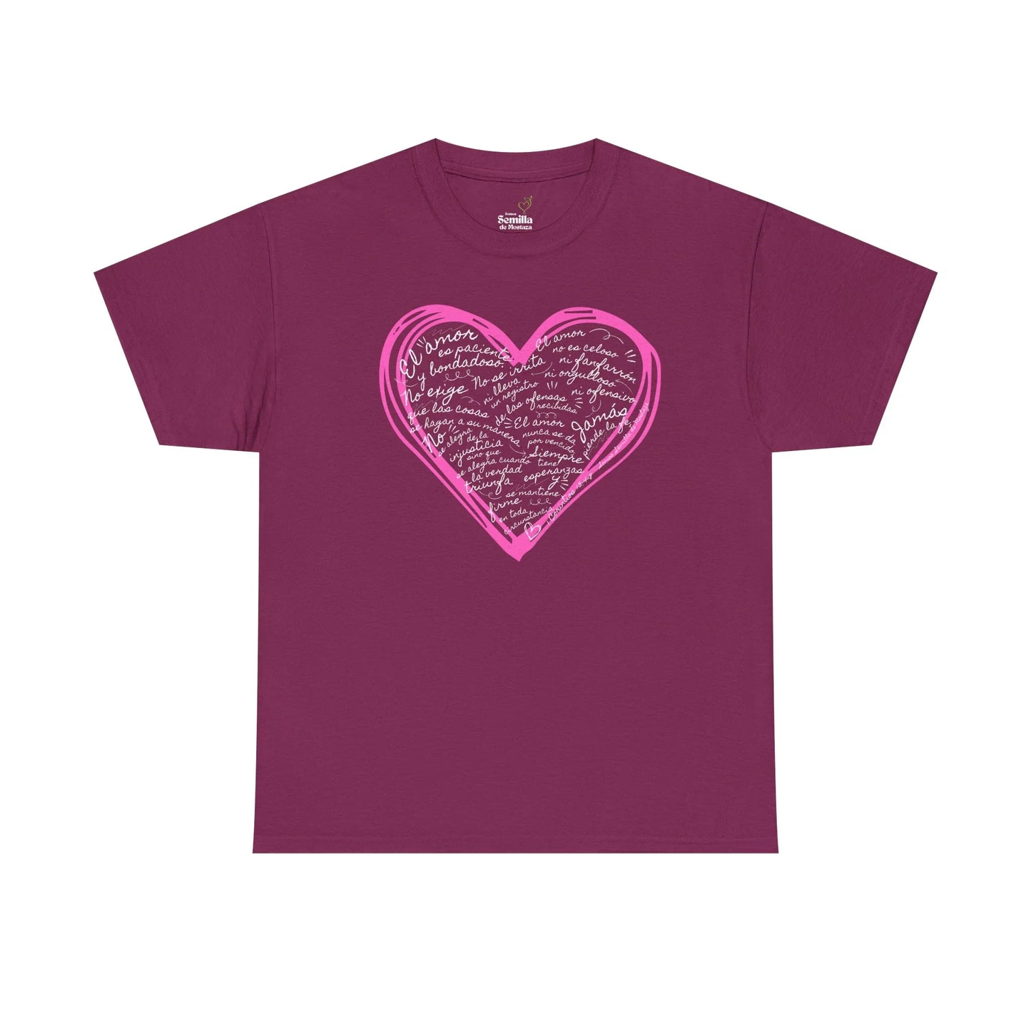 Purple Christian t-shirt with pink heart and Spanish faith-inspired text on front