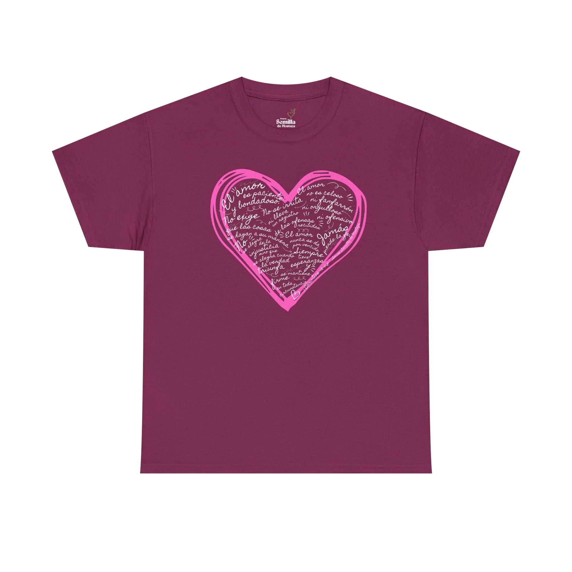 Purple Christian t-shirt with pink heart and Spanish faith-inspired text on front
